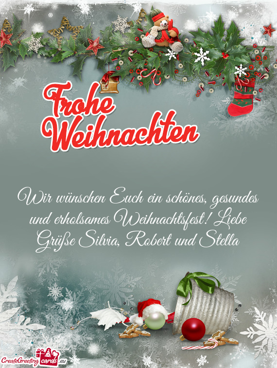 Wir wünschen Euch ein schönes, gesundes und erholsames Weihnachtsfest! Liebe Grüße Silvia, Rober